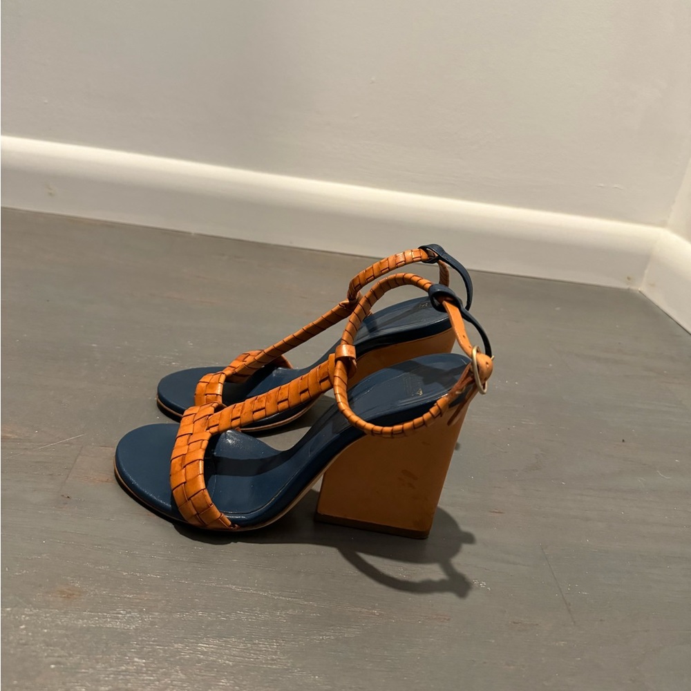 Bally Navy and Tan Woven Leather Block Heel Sandals